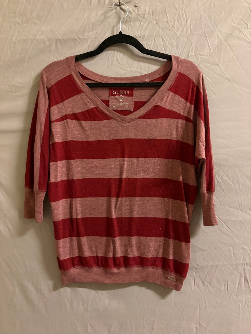 GUESS Pink and Red Striped V-Neck Top